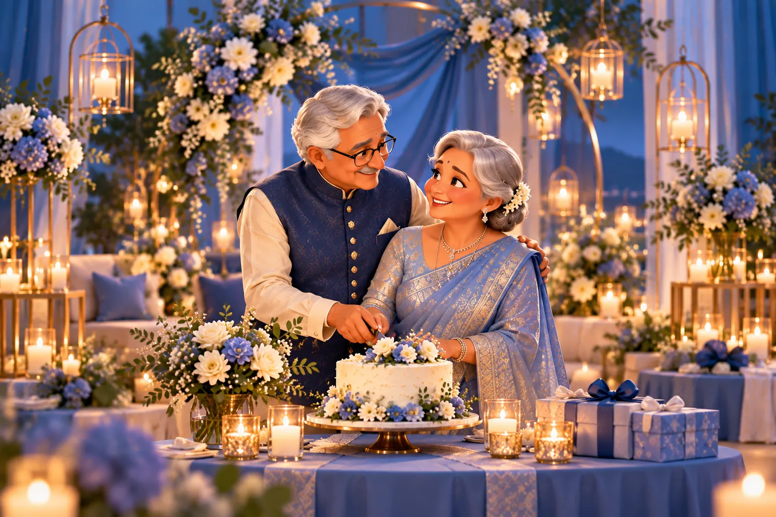 An older couple cutting a flower-topped anniversary cake by candlelight