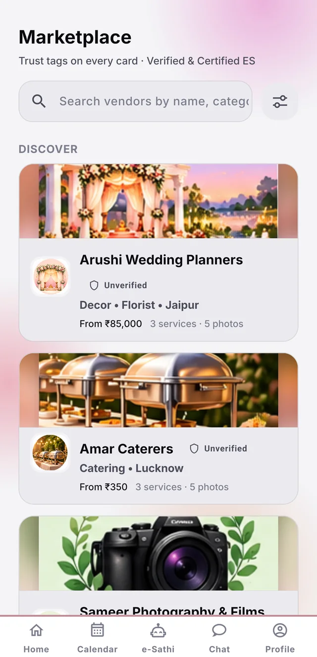 The vendor marketplace with planners, caterers and photographers